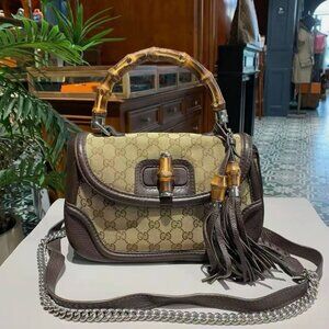 N16 Slightly Used Gucci Bamboo Monogram Shoulder Bag Small